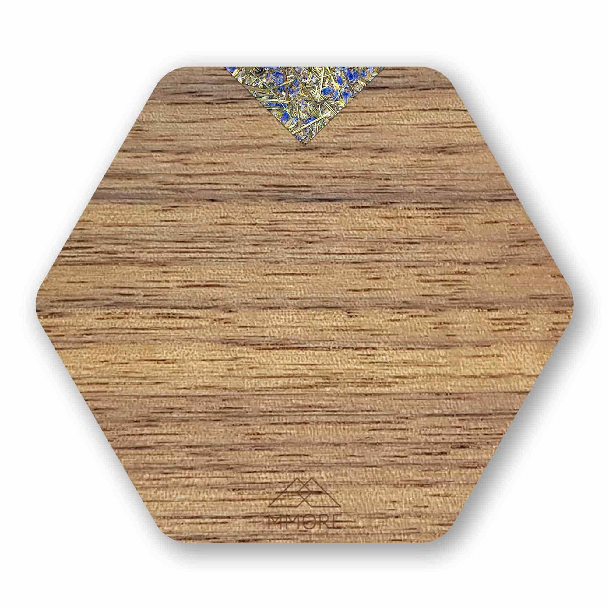 Set of four handcrafted wooden coasters made from American Walnut, showcasing unique grain patterns and a stylish hexagonal shape.