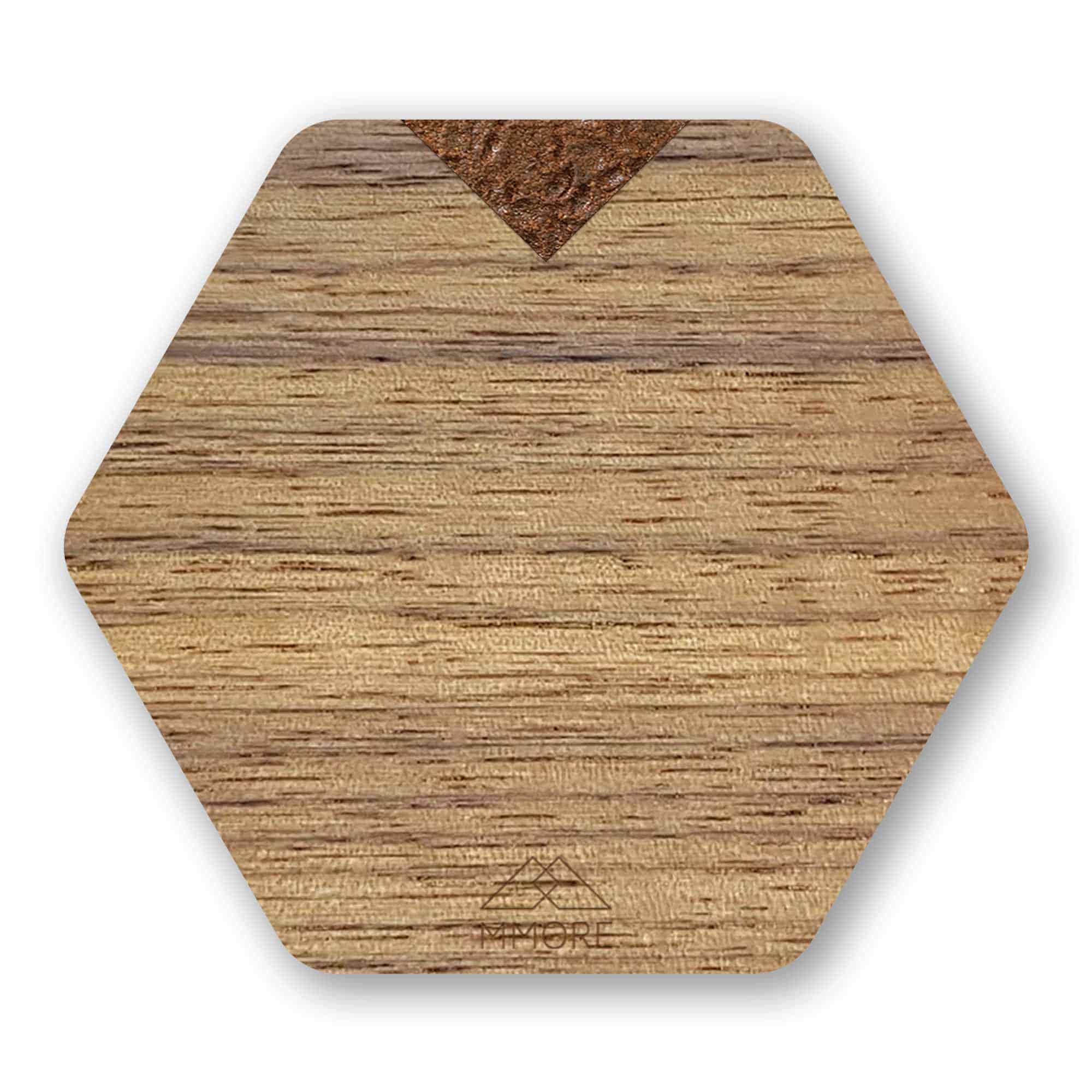 Set of four handcrafted wooden coasters made from American Walnut, showcasing unique grain patterns and a stylish hexagonal shape.