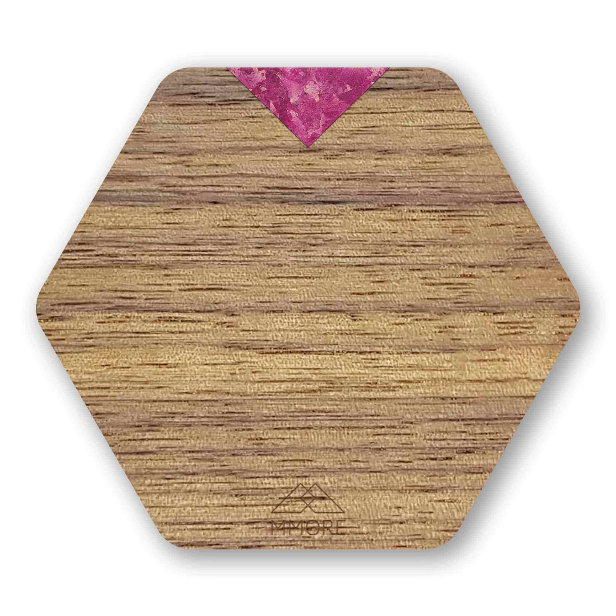 Set of four handcrafted wooden coasters made from American Walnut, showcasing unique grain patterns and a stylish hexagonal shape.