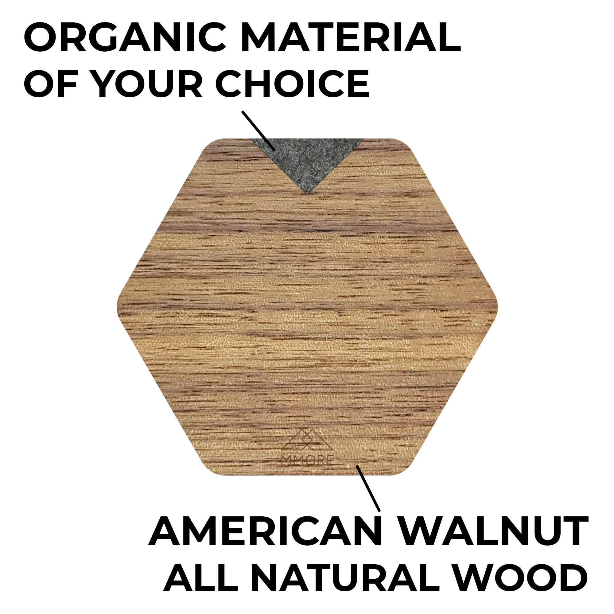 Set of four handcrafted wooden coasters made from American Walnut, showcasing unique grain patterns and a stylish hexagonal shape.