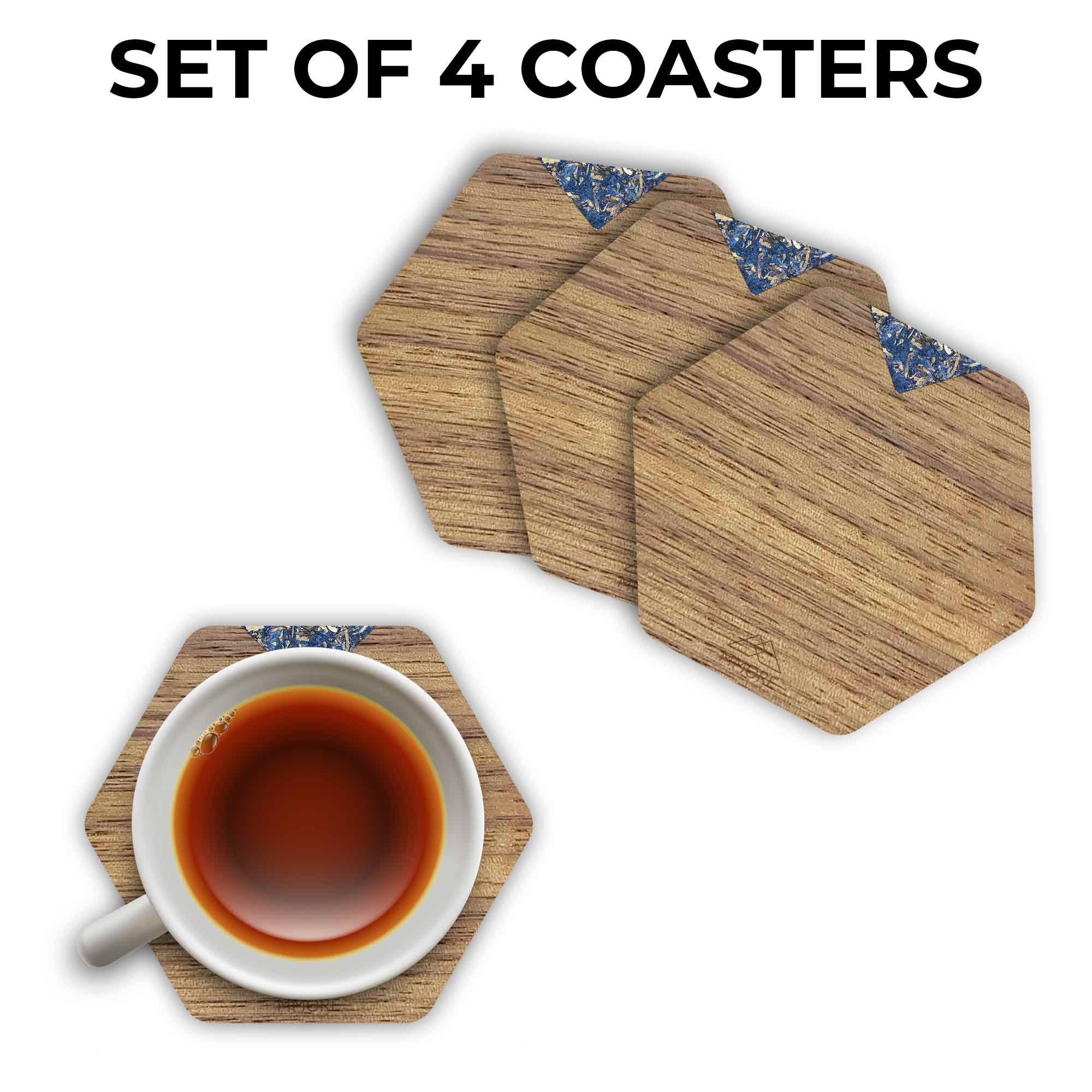 Set of four handcrafted wooden coasters made from American Walnut, showcasing unique grain patterns and a stylish hexagonal shape.