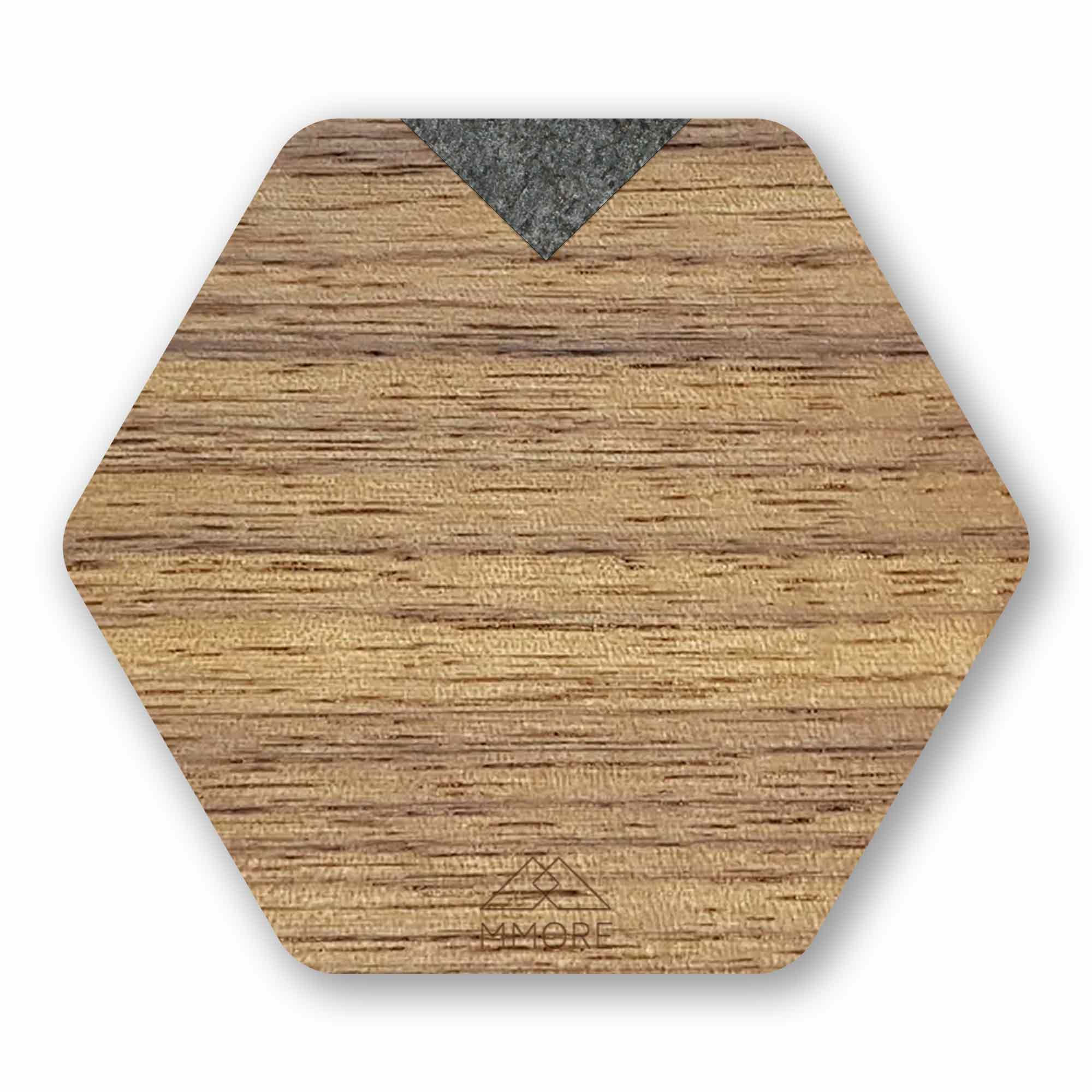 Set of four handcrafted wooden coasters made from American Walnut, showcasing unique grain patterns and a stylish hexagonal shape.