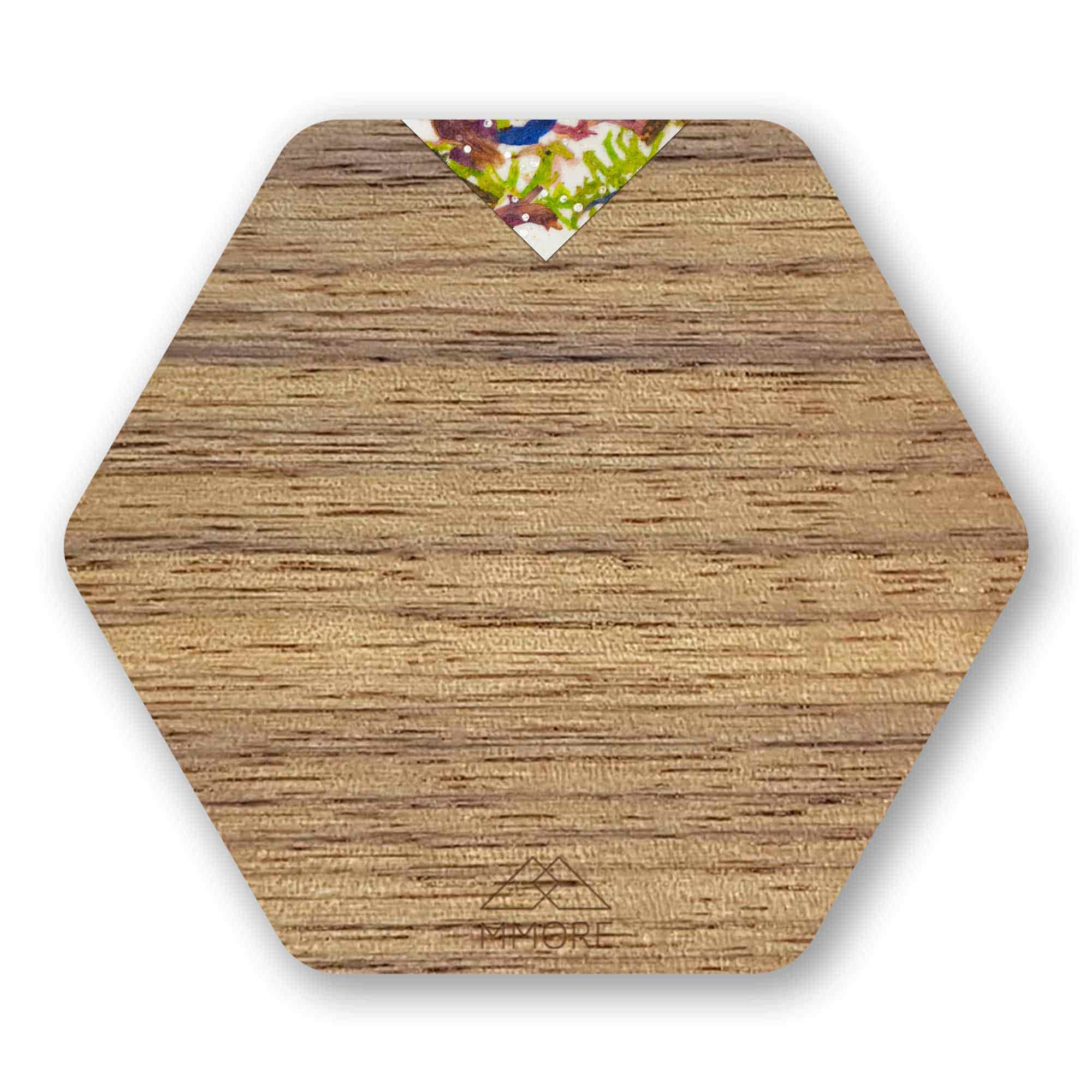 Set of four handcrafted wooden coasters made from American Walnut, showcasing unique grain patterns and a stylish hexagonal shape.