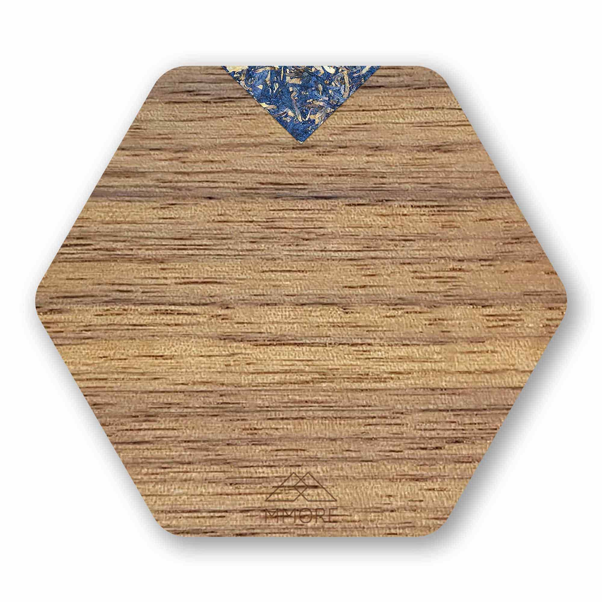 Set of four handcrafted wooden coasters made from American Walnut, showcasing unique grain patterns and a stylish hexagonal shape.