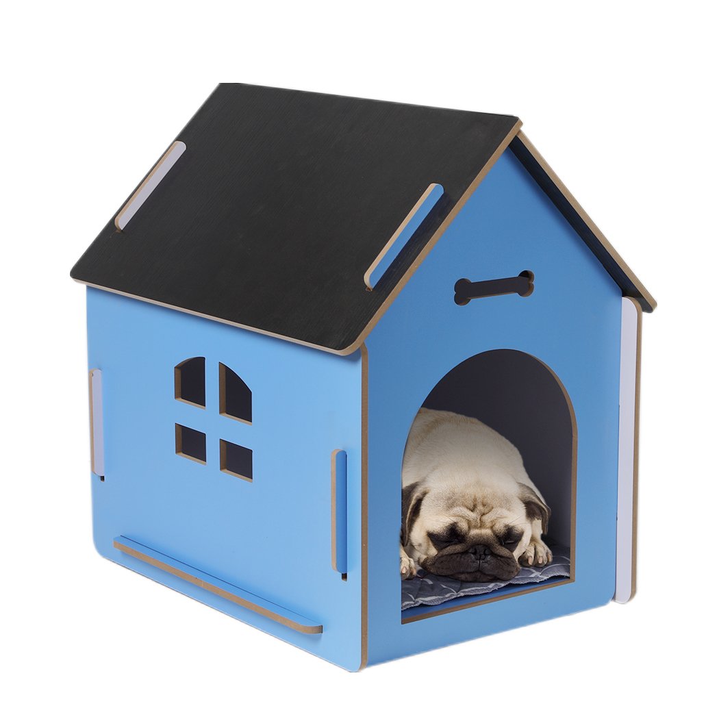 Extra Large Blue Wooden Dog House with arch door and open windows, crafted from high-quality MDF for indoor use.