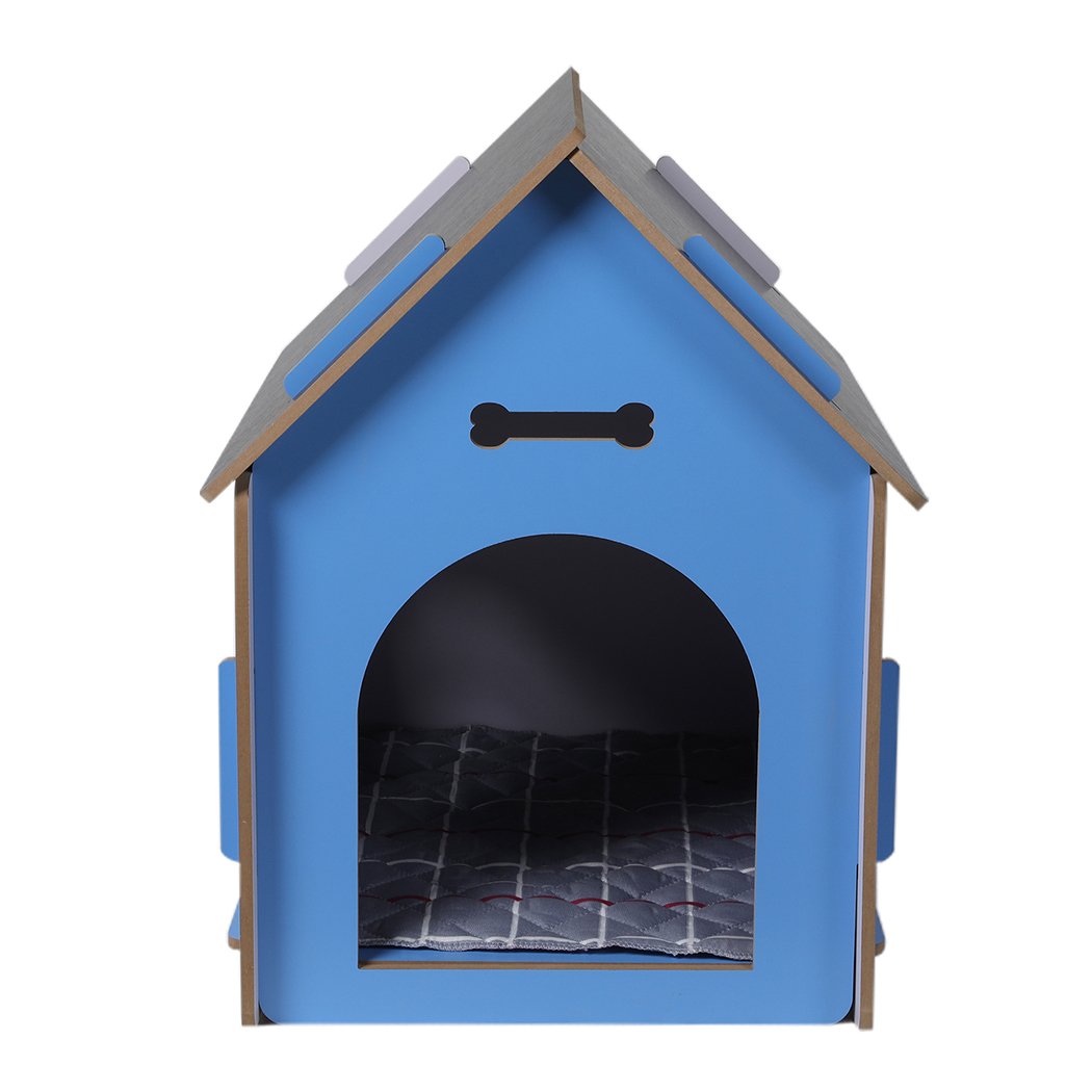 Extra Large Blue Wooden Dog House with arch door and open windows, crafted from high-quality MDF for indoor use.