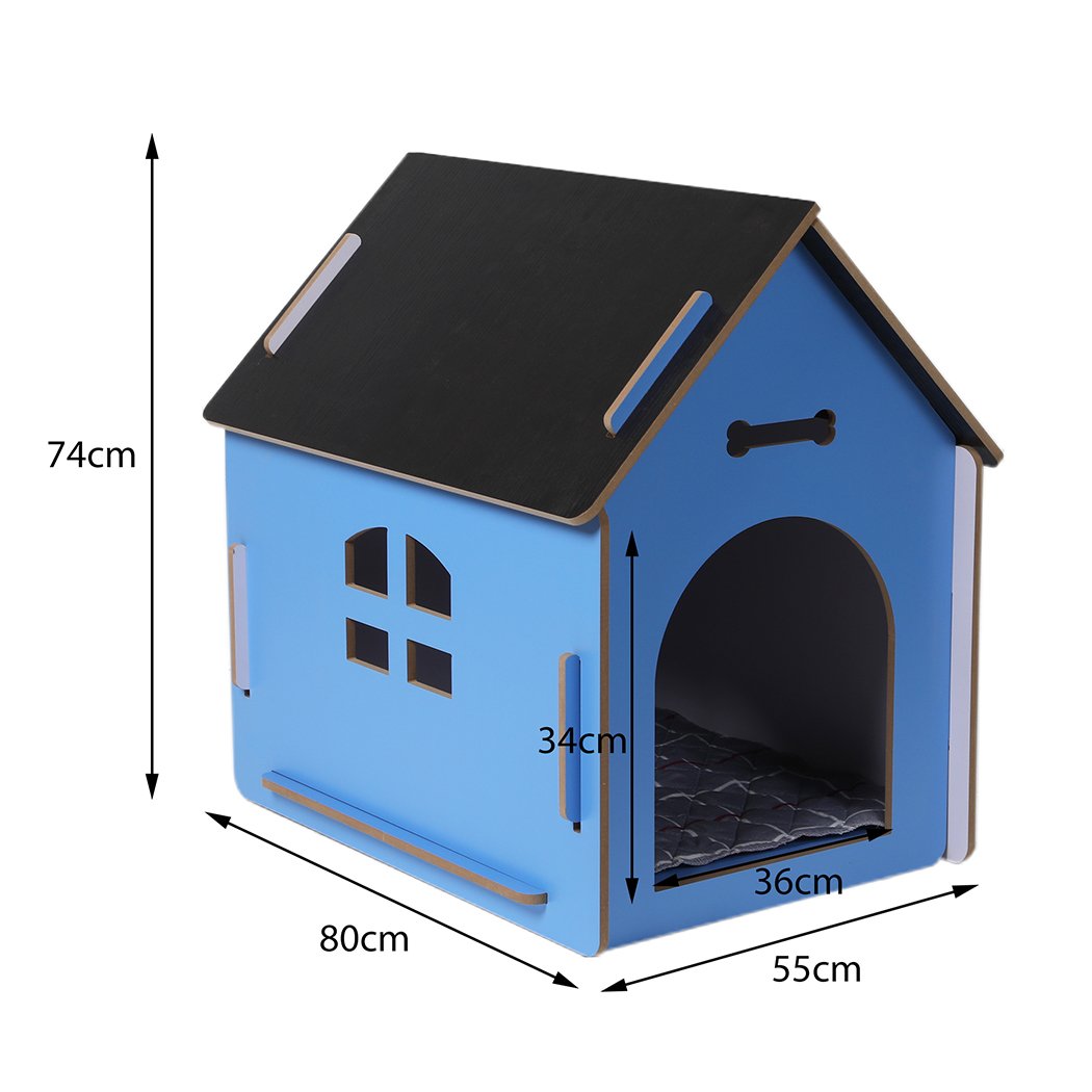 Extra Large Blue Wooden Dog House with arch door and open windows, crafted from high-quality MDF for indoor use.