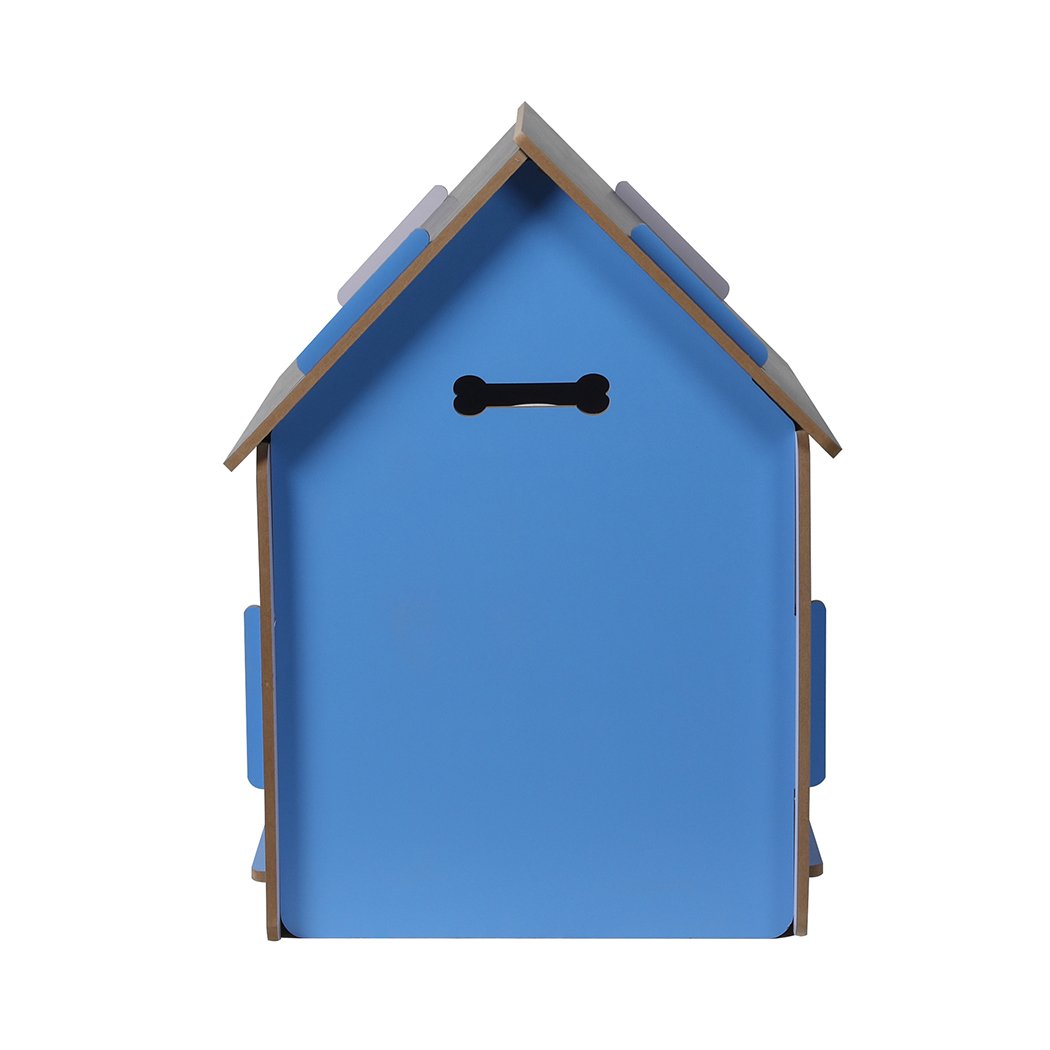Extra Large Blue Wooden Dog House with arch door and open windows, crafted from high-quality MDF for indoor use.