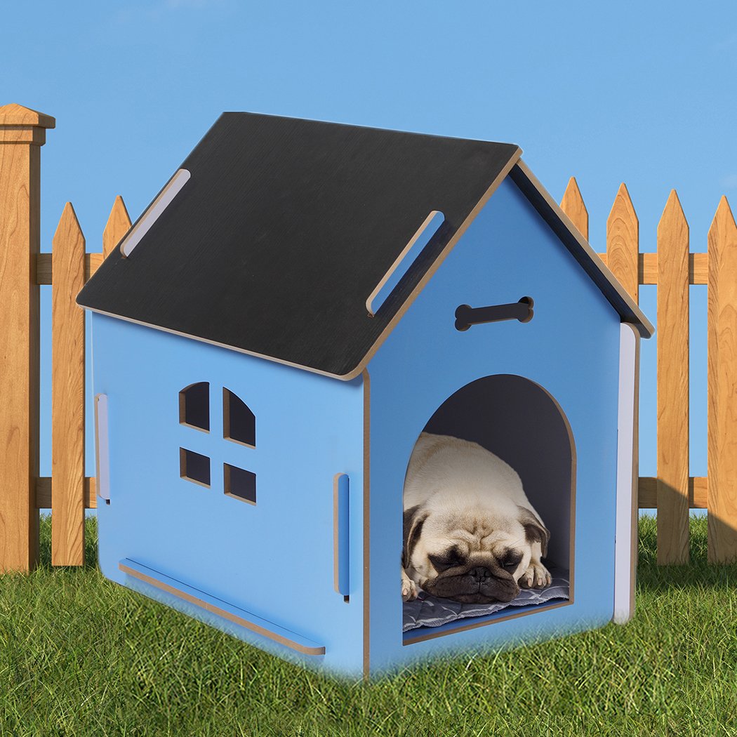 Extra Large Blue Wooden Dog House with arch door and open windows, crafted from high-quality MDF for indoor use.
