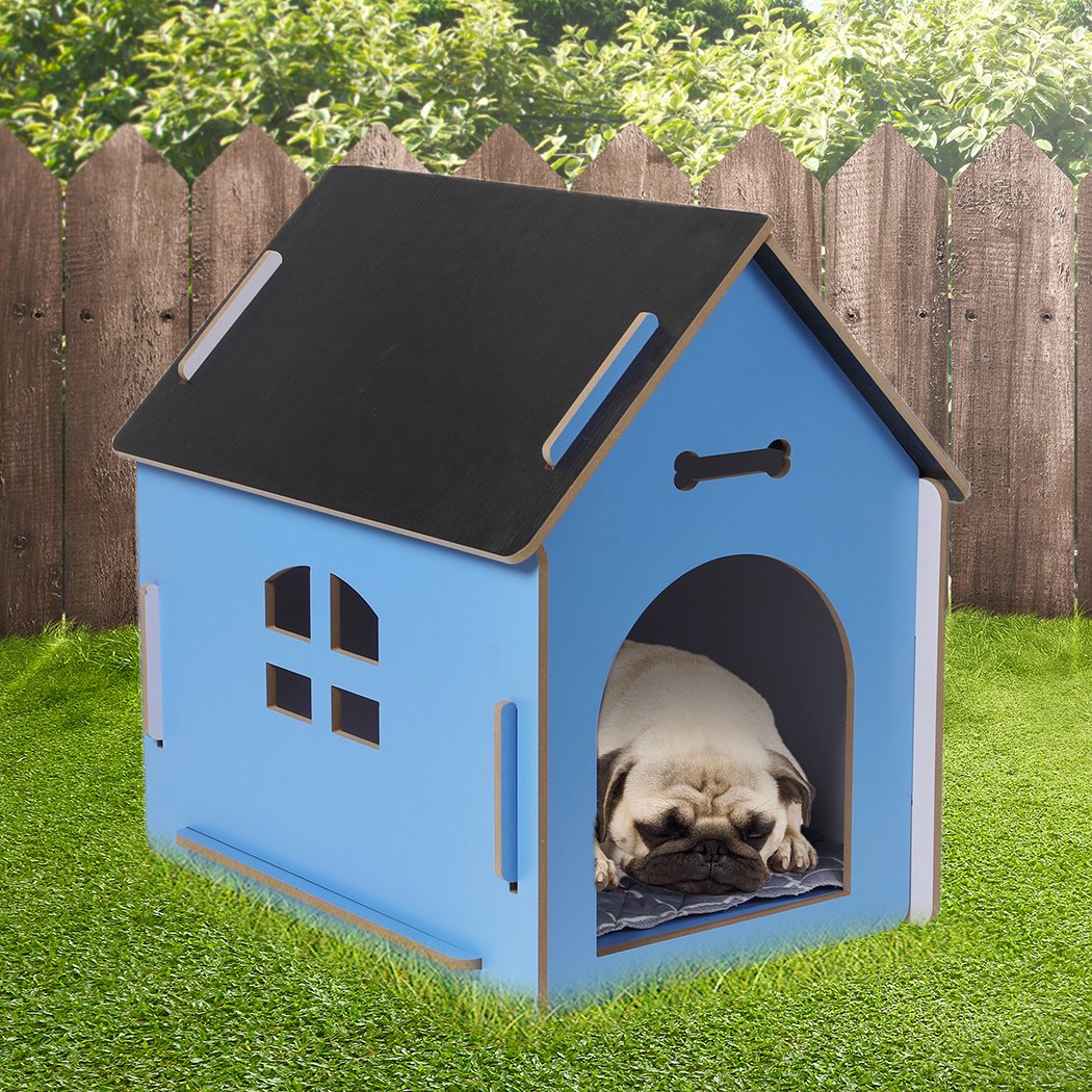 Extra Large Blue Wooden Dog House with arch door and open windows, crafted from high-quality MDF for indoor use.