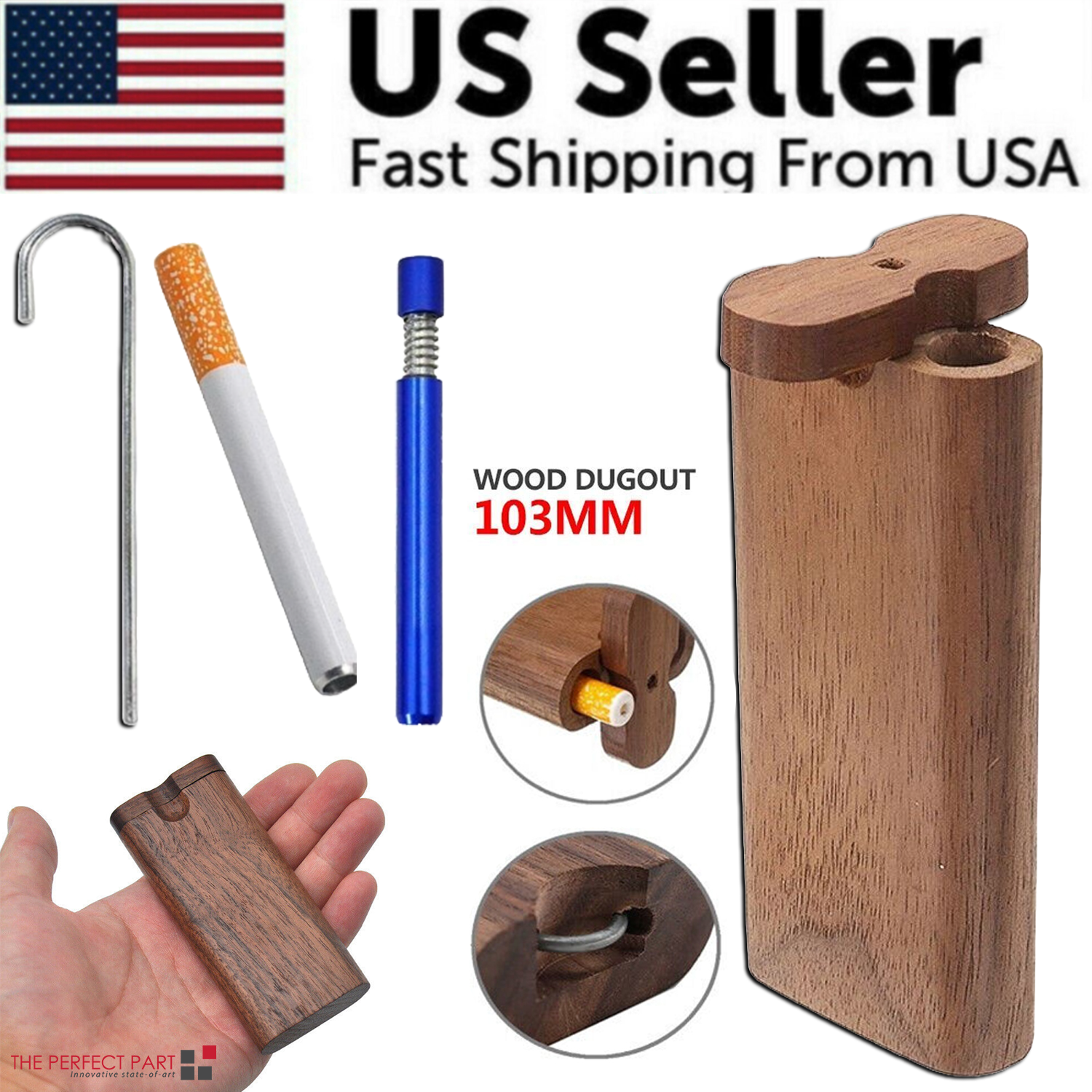 Wooden Dugout Pipe with self-cleaning metal bat poker, showcasing its elegant design and functionality.