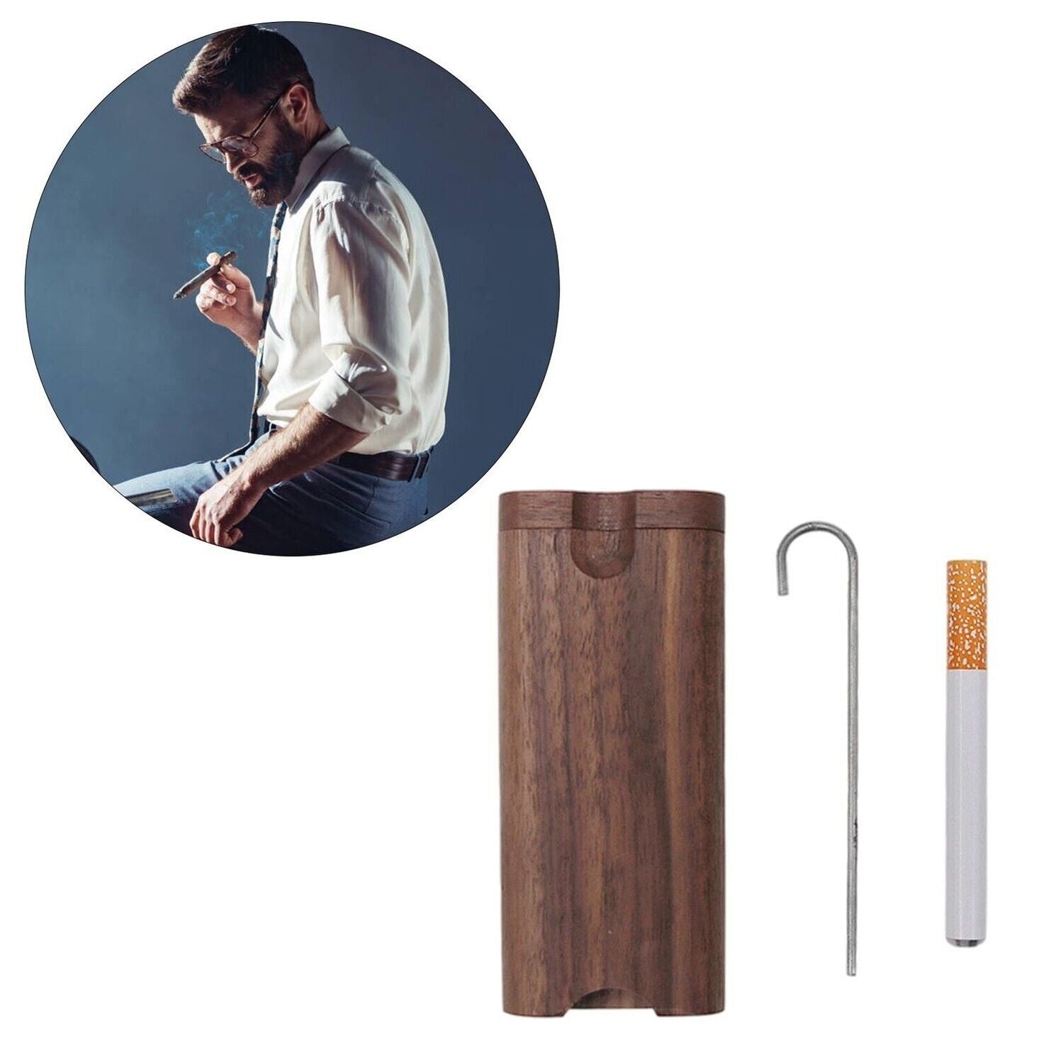 Wooden Dugout Pipe with self-cleaning metal bat poker, showcasing its elegant design and functionality.
