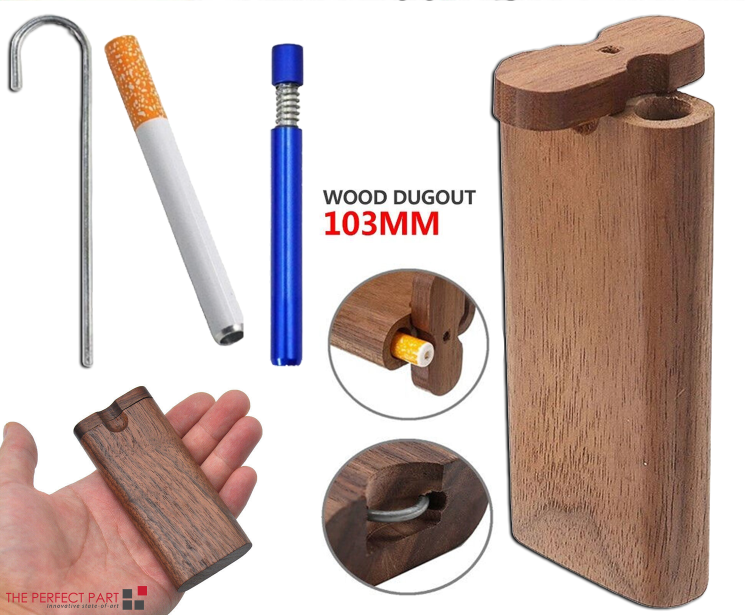 Wooden Dugout Pipe with self-cleaning metal bat poker, showcasing its elegant design and functionality.