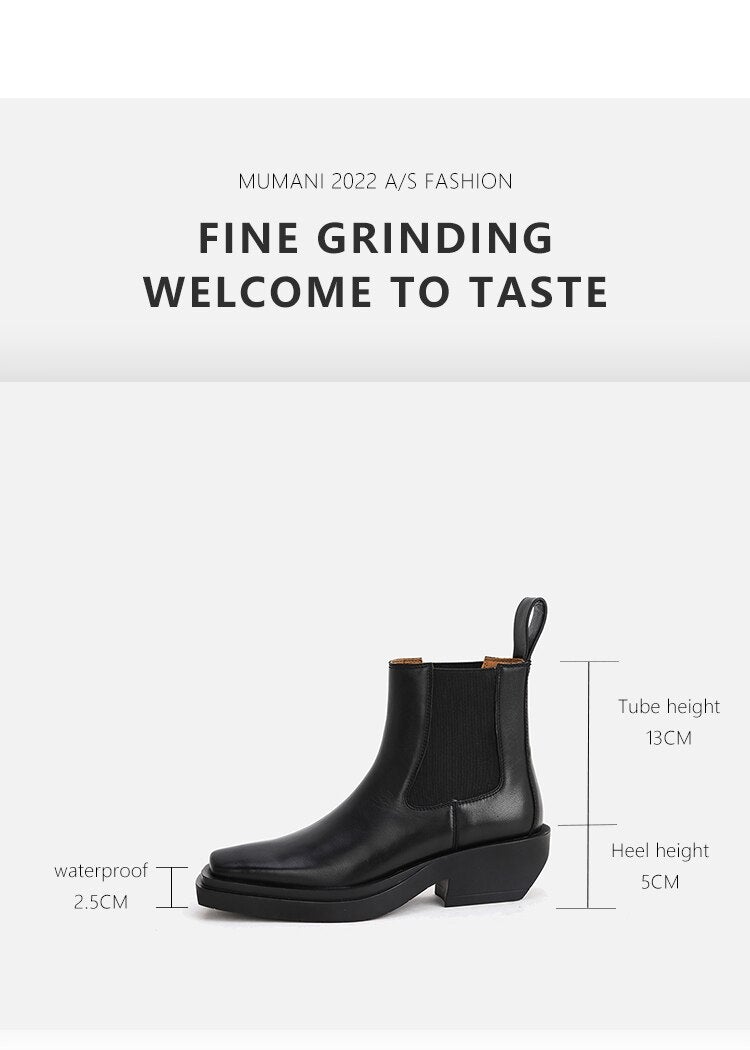 Woman's ankle boots made of genuine leather with a square heel and square toe, featuring a slip-on design and plush lining.
