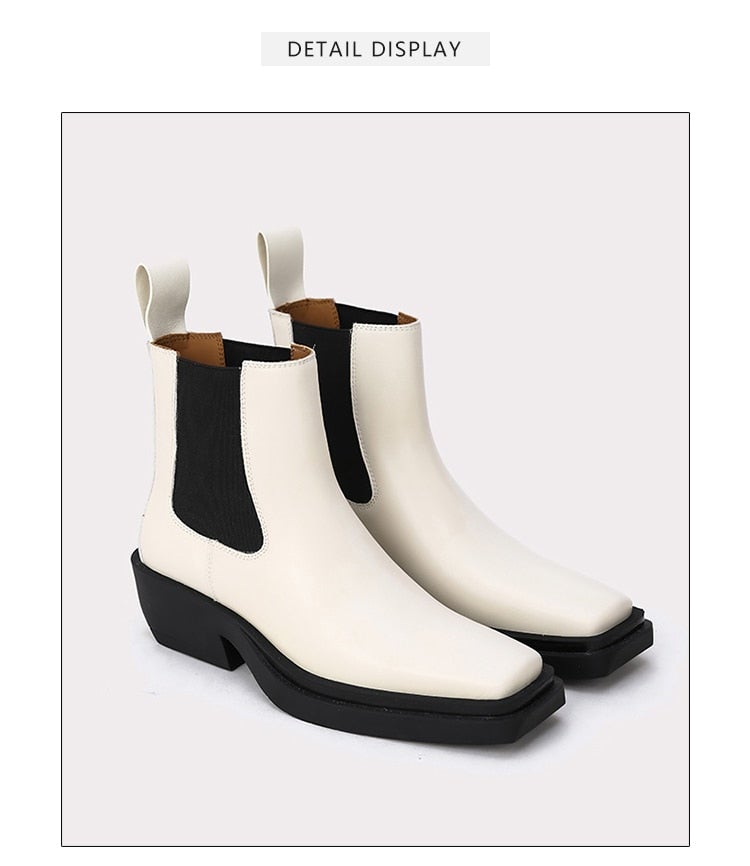 Woman's ankle boots made of genuine leather with a square heel and square toe, featuring a slip-on design and plush lining.
