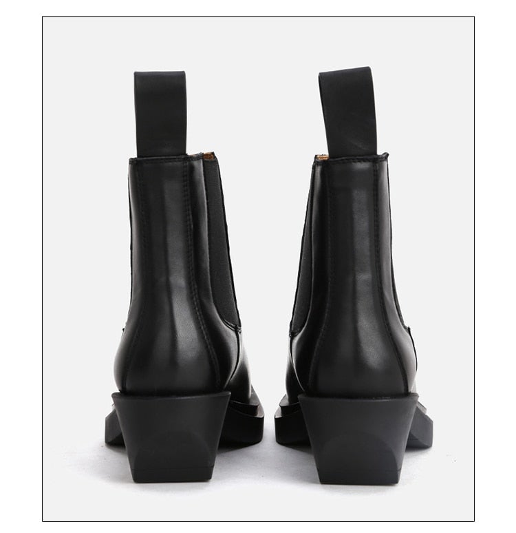 Woman's ankle boots made of genuine leather with a square heel and square toe, featuring a slip-on design and plush lining.