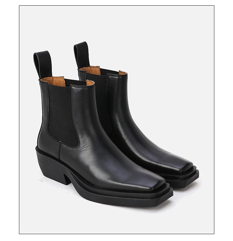 Woman's ankle boots made of genuine leather with a square heel and square toe, featuring a slip-on design and plush lining.