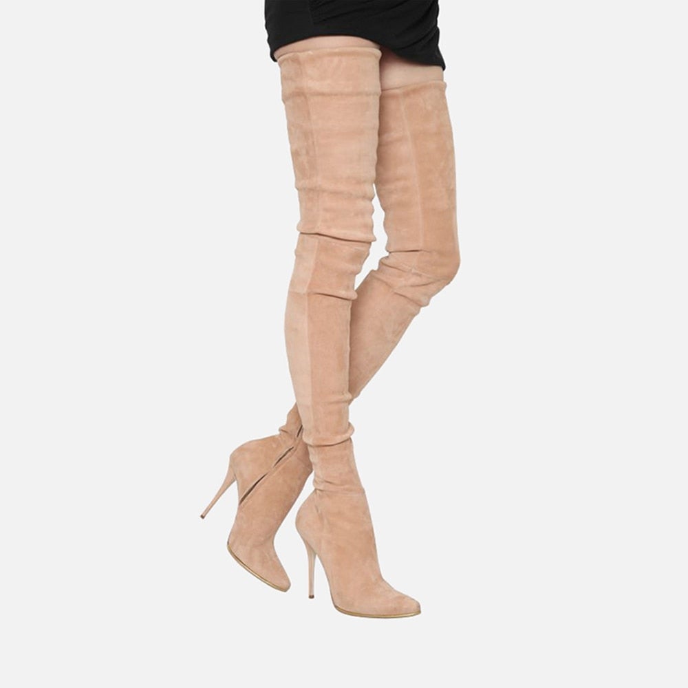 Stylish Women's Over the Knee Boots in microfiber with thin heels and pointed toe, perfect for winter fashion.
