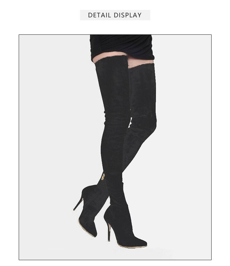 Stylish Women's Over the Knee Boots in microfiber with thin heels and pointed toe, perfect for winter fashion.