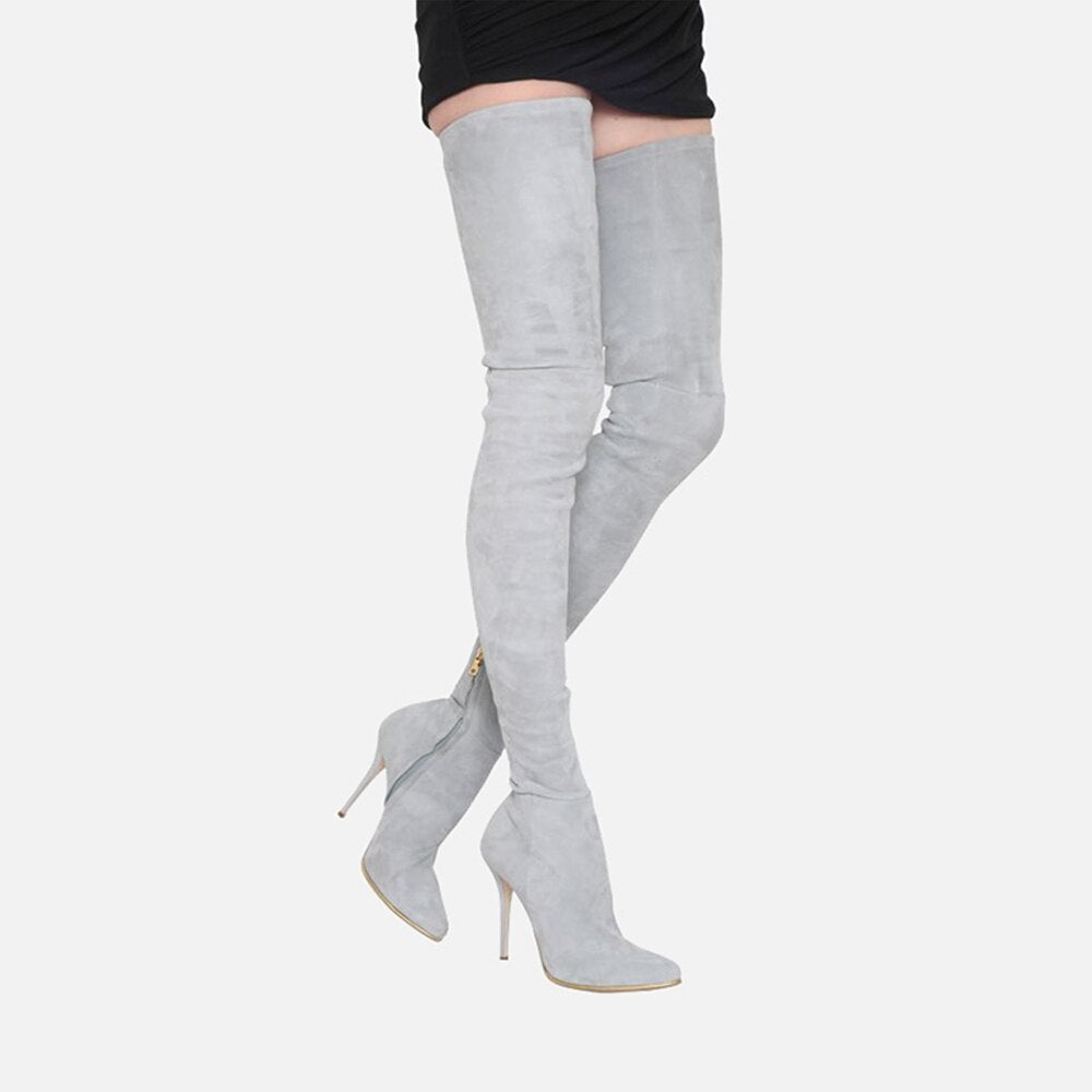 Stylish Women's Over the Knee Boots in microfiber with thin heels and pointed toe, perfect for winter fashion.
