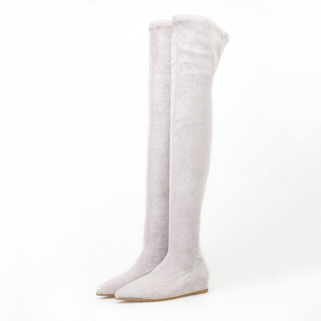 Stylish Women's Over the Knee Boots in microfiber with thin heels and pointed toe, perfect for winter fashion.
