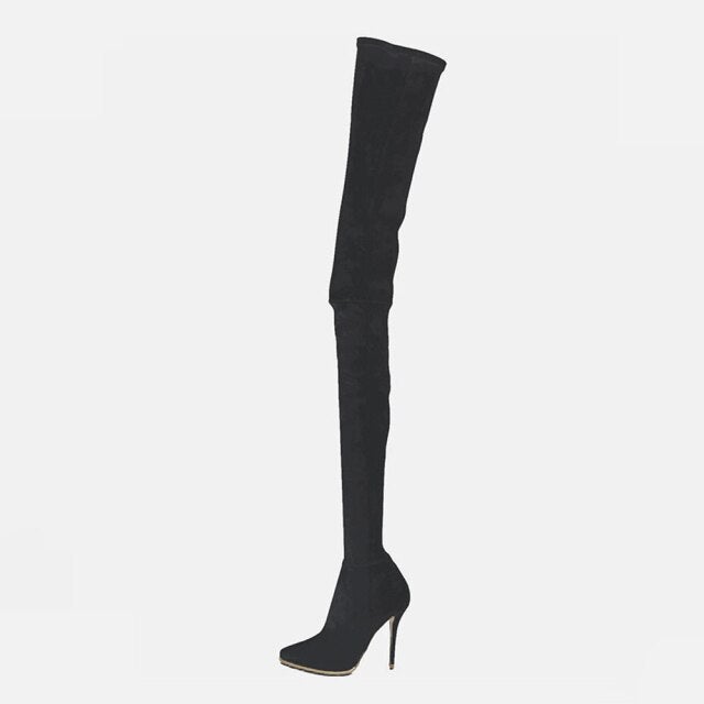 Stylish Women's Over the Knee Boots in microfiber with thin heels and pointed toe, perfect for winter fashion.