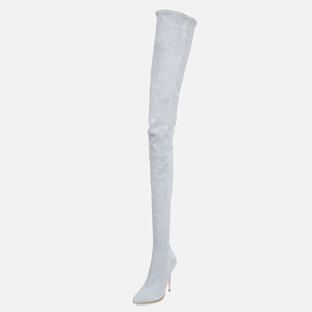 Stylish Women's Over the Knee Boots in microfiber with thin heels and pointed toe, perfect for winter fashion.