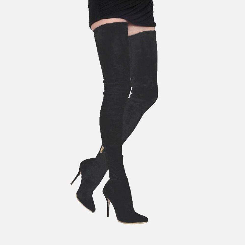Stylish Women's Over the Knee Boots in microfiber with thin heels and pointed toe, perfect for winter fashion.