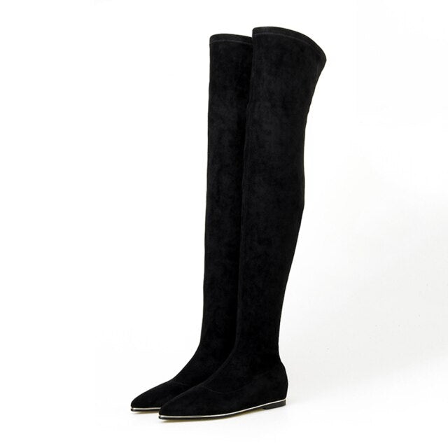 Stylish Women's Over the Knee Boots in microfiber with thin heels and pointed toe, perfect for winter fashion.
