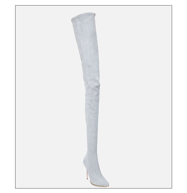 Stylish Women's Over the Knee Boots in microfiber with thin heels and pointed toe, perfect for winter fashion.