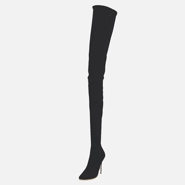 Stylish Women's Over the Knee Boots in microfiber with thin heels and pointed toe, perfect for winter fashion.