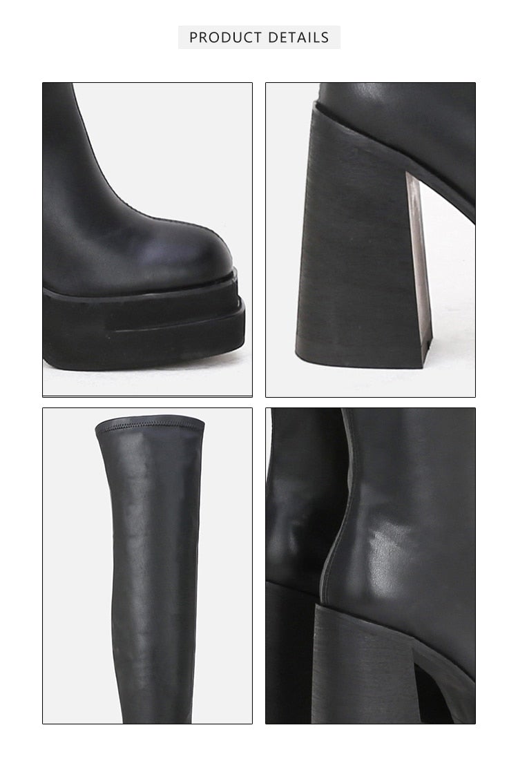 A pair of stylish women's over-the-knee boots with a super high square heel, made from soft microfiber and featuring a round toe design.