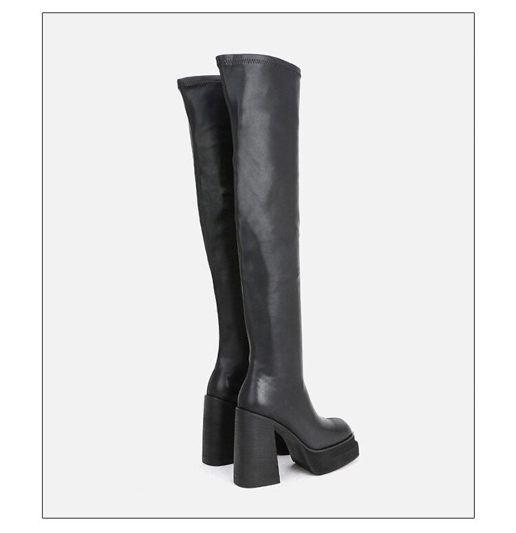A pair of stylish women's over-the-knee boots with a super high square heel, made from soft microfiber and featuring a round toe design.