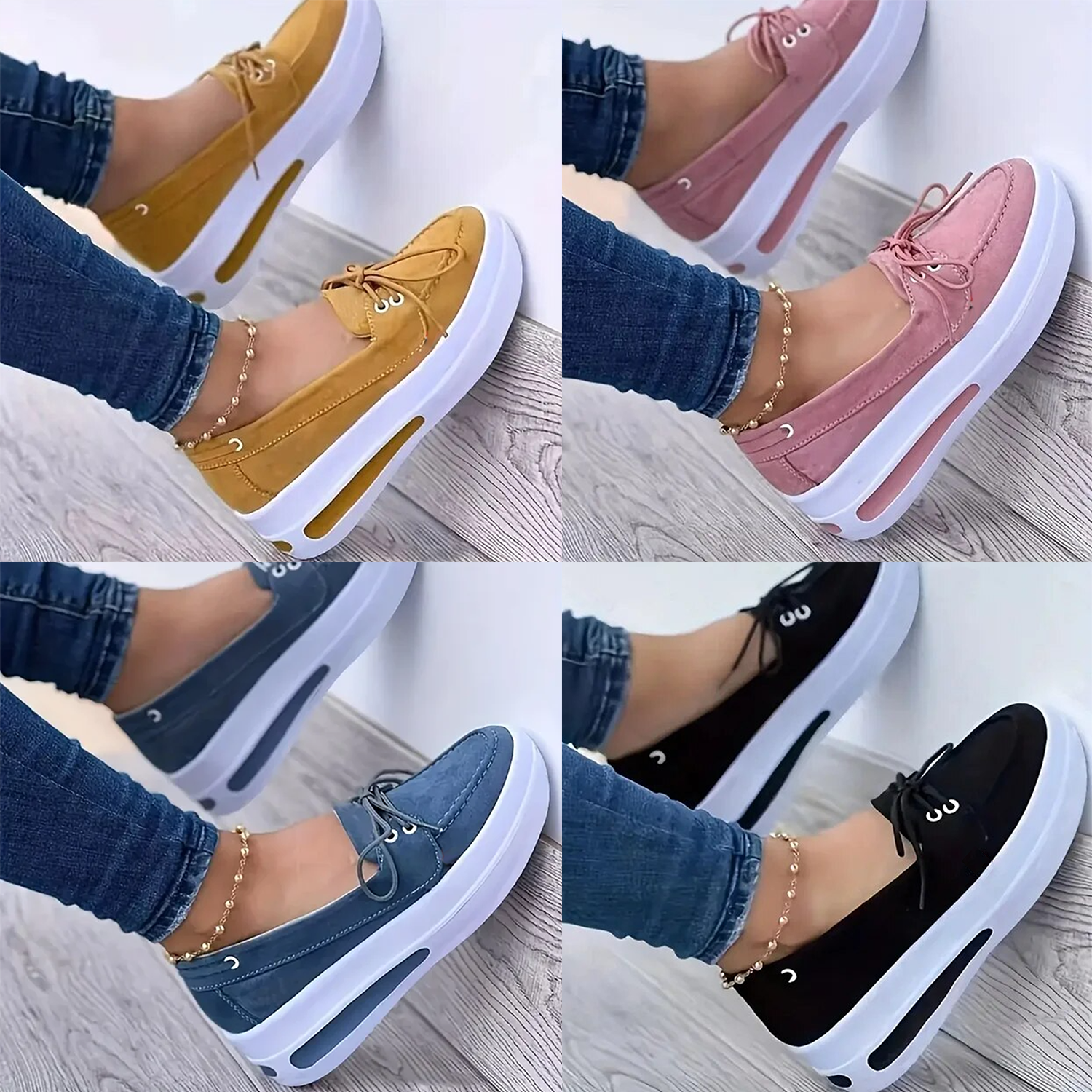 Women Block Shoes Slip On Closed Toe Platform Flat Wedge Casual Lace Up Sneakers in various colors and styles, showcasing their elegant design and comfortable fit.