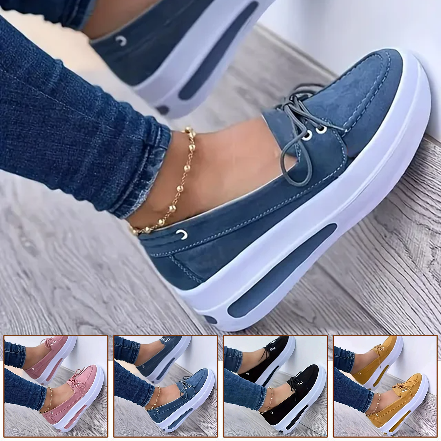 Women Block Shoes Slip On Closed Toe Platform Flat Wedge Casual Lace Up Sneakers in various colors and styles, showcasing their elegant design and comfortable fit.