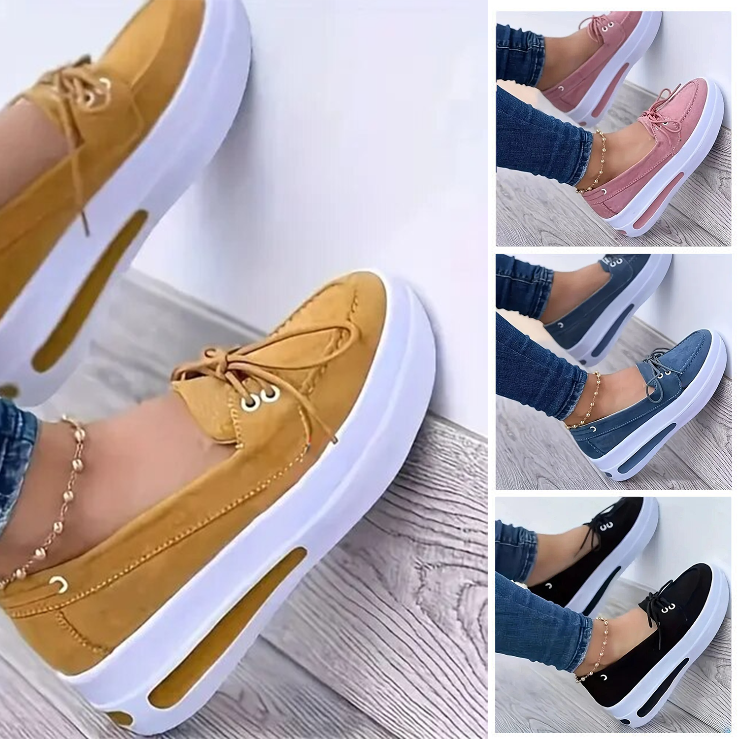 Women Block Shoes Slip On Closed Toe Platform Flat Wedge Casual Lace Up Sneakers in various colors and styles, showcasing their elegant design and comfortable fit.