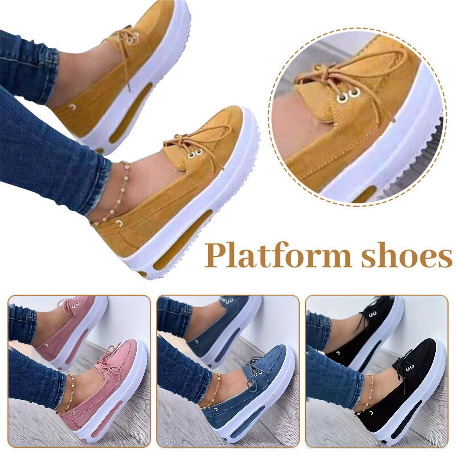 Women Block Shoes Slip On Closed Toe Platform Flat Wedge Casual Lace Up Sneakers in various colors and styles, showcasing their elegant design and comfortable fit.