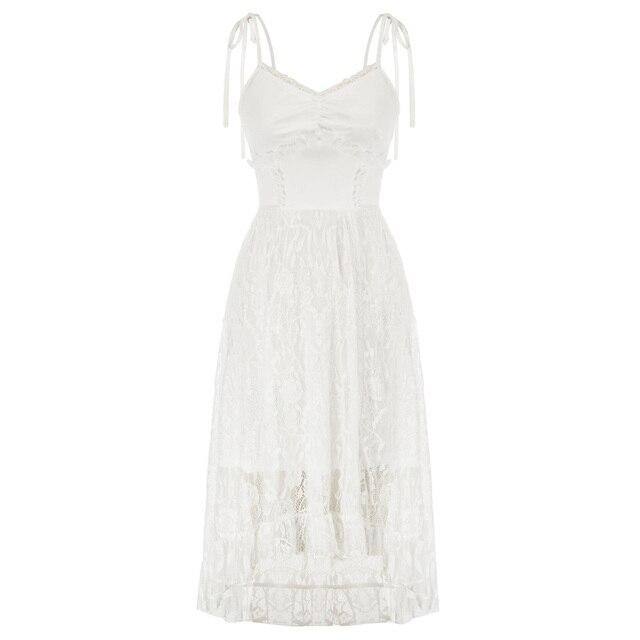 A stylish women’s lace patchwork dress featuring spaghetti straps, a V-neckline, and a flared A-line silhouette, perfect for summer events.