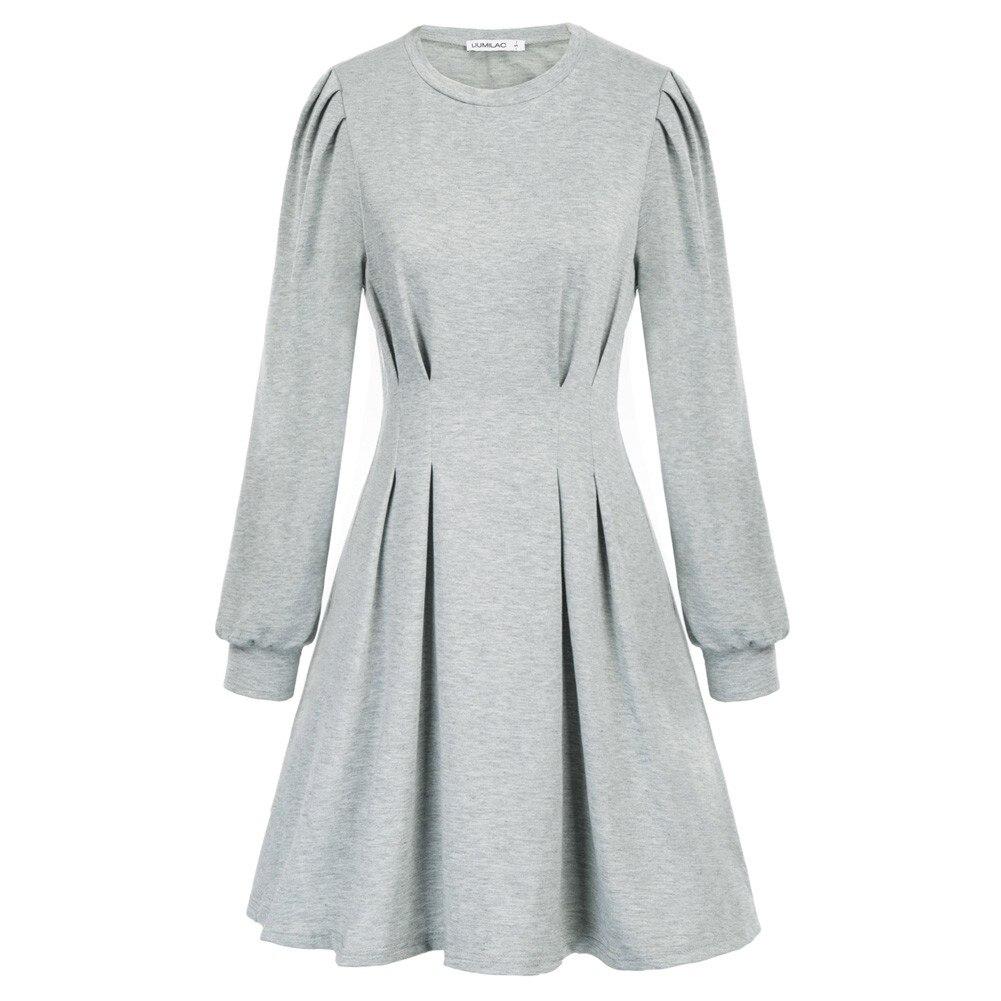 Women Fashion Crew Neck Midi Dress in solid color, featuring pleated design and long sleeves, perfect for casual outings.