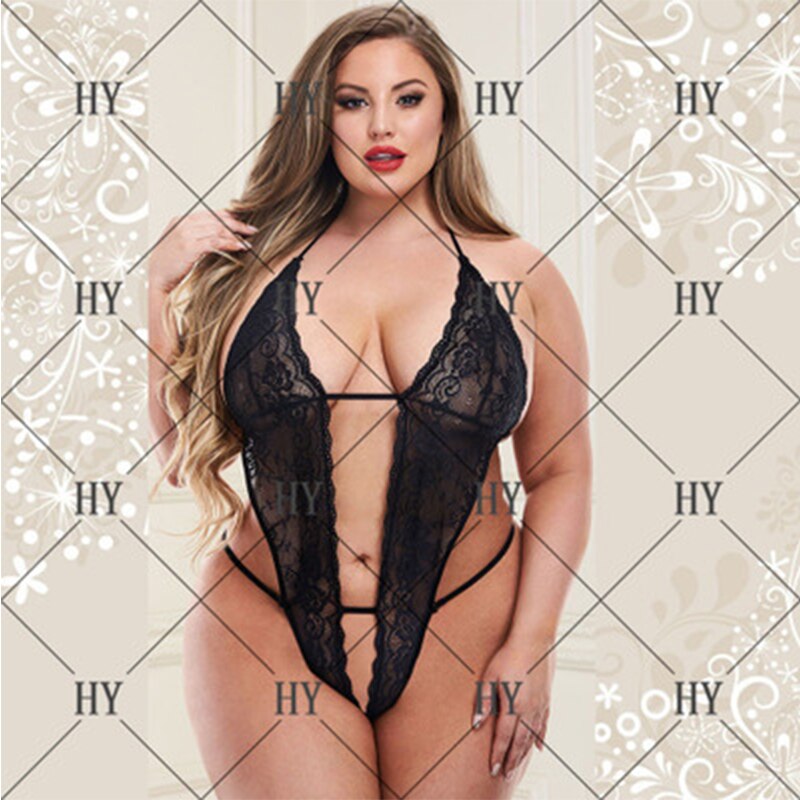 Elegant black lace one-piece corset lingerie for women, featuring a halter strap and wire-free support, perfect for plus sizes.