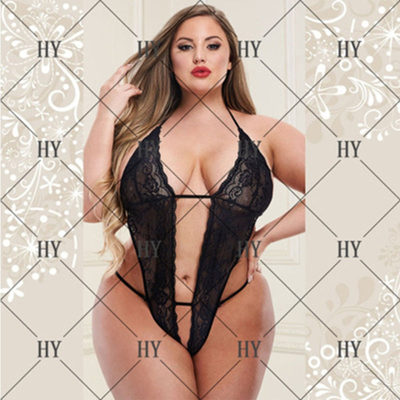 Elegant black lace one-piece corset lingerie for women, featuring a halter strap and wire-free support, perfect for plus sizes.