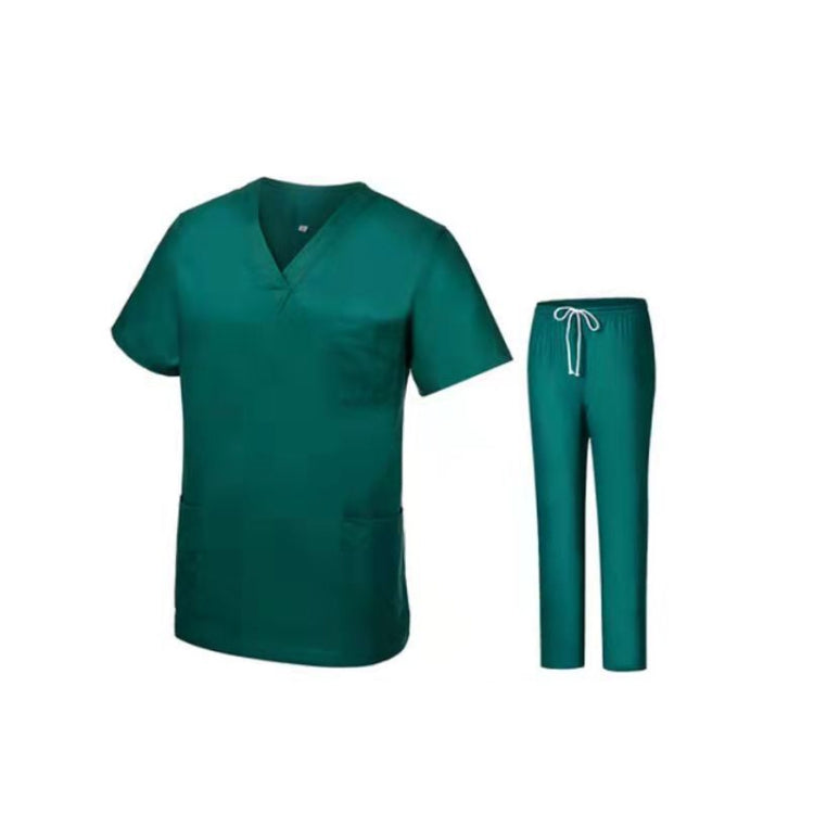 Women Grooming Pet Dental Work Clothes Set featuring a short-sleeved top and pants in dark green, made from cotton and polyester blend.