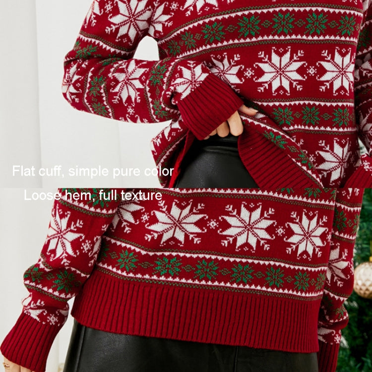 Women wearing round neck Christmas knitwear with snowflake design, showcasing long sleeves and festive style.