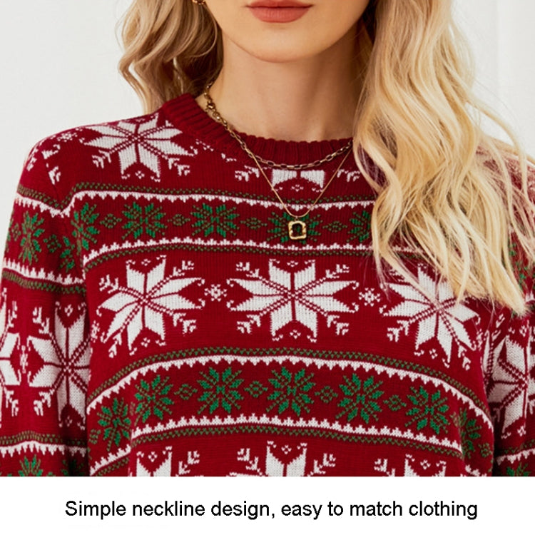 Women wearing round neck Christmas knitwear with snowflake design, showcasing long sleeves and festive style.