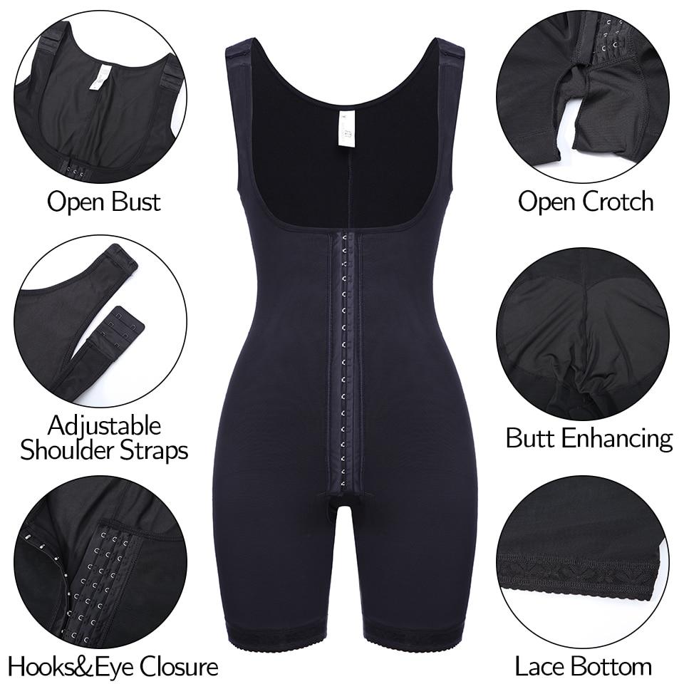 Women Shapewear Tummy Control Bodysuit in black, showcasing a mid-thigh design and seamless fabric for a smooth silhouette.