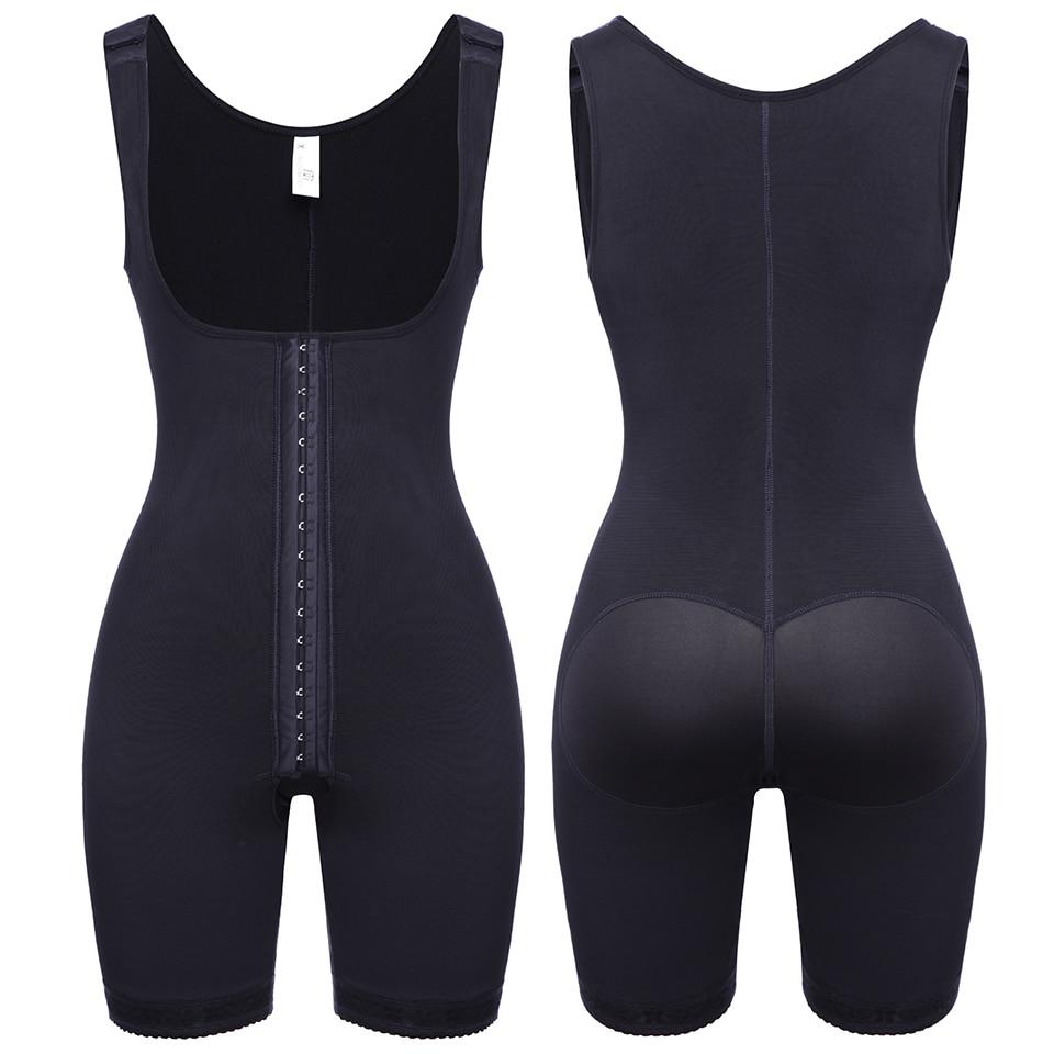 Women Shapewear Tummy Control Bodysuit in black, showcasing a mid-thigh design and seamless fabric for a smooth silhouette.