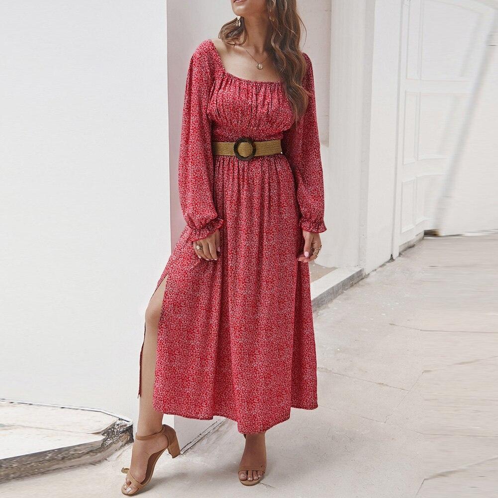 Women Side Split Dress featuring a square neck, long sleeves, and floral print, perfect for casual outings and vacations.