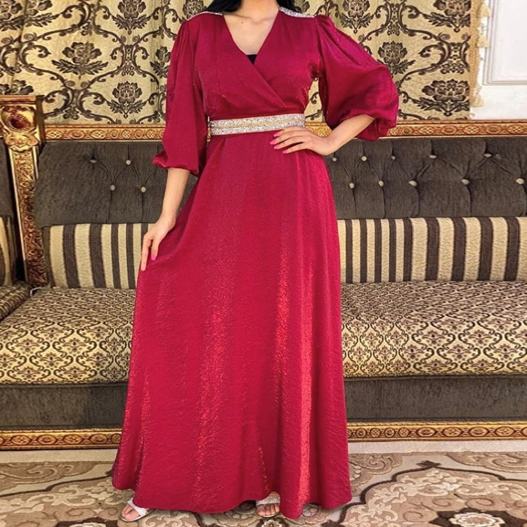 Women Solid Color Diamond-studded Waist Puff Sleeve Dress in red, featuring a diamond-studded waist and long puff sleeves, perfect for elegant occasions.