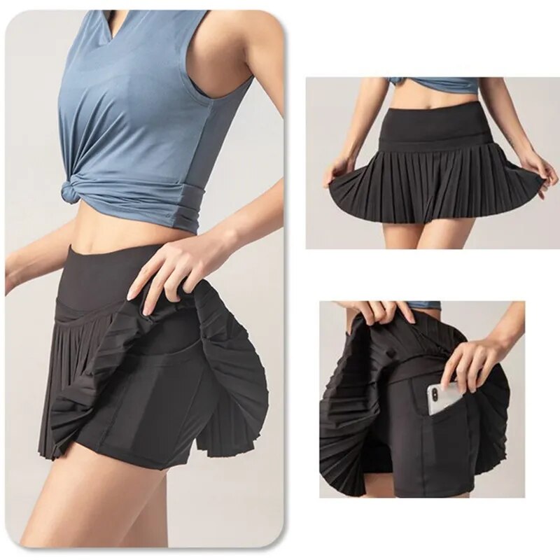 Women Sports Tennis Skirts in various colors including pink, purple, black, and deep green, showcasing high waist design and pockets.