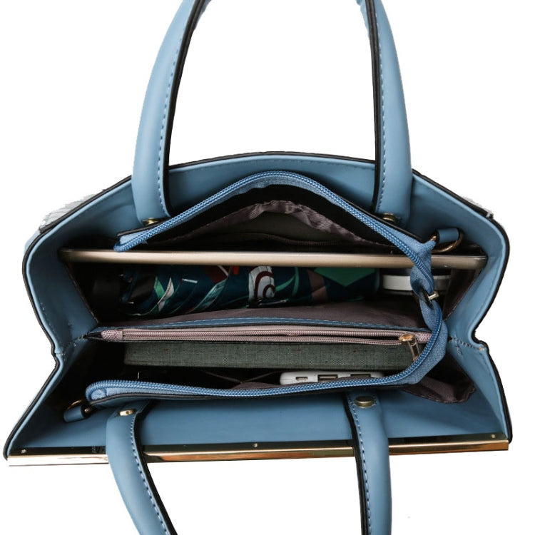 Women Stone Pattern Patchwork Handbag in blue, showcasing its elegant design and spacious interior.